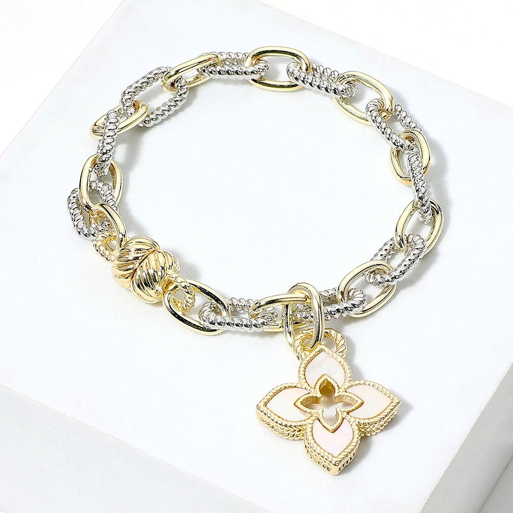 14K GP  Two Tone Mother of Pearl Clover Charm Magnetic Bracelet